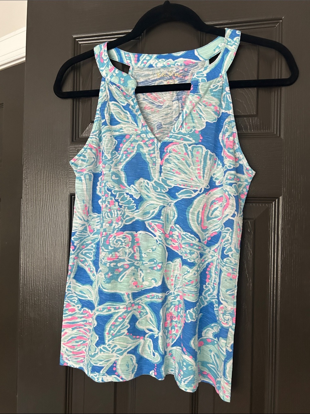 Lilly Pulitzer V-Neck Shell Print Tank in Blue, Aqua & Pink